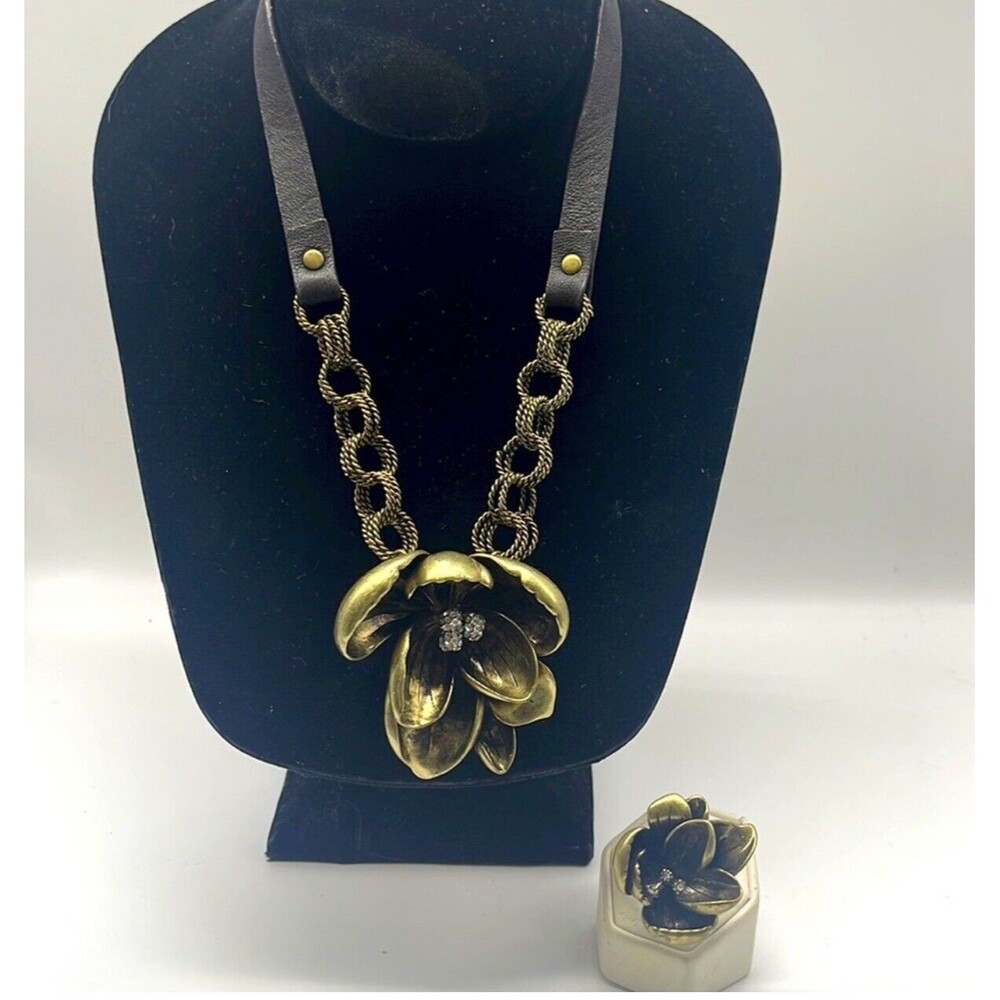 Fossil Leather Gold Tone Metal Flower Necklace & Ring Set